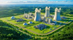 Illustration of nuclear startups Oklo and Curio developing technology to recycle radioactive waste into fuel for electricity.