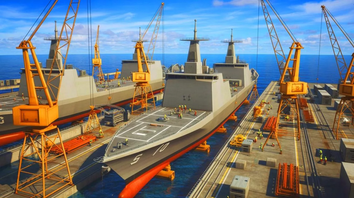 Illustration of the strategic expansion and modernization of the U.S. Navy's fleet involving international partnerships.