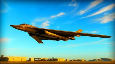 Illustration of the second B-21 Raider test aircraft arriving at Edwards Air Force Base.