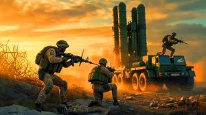 Illustration of Ukrainian forces targeting a Russian missile defense system in Crimea.