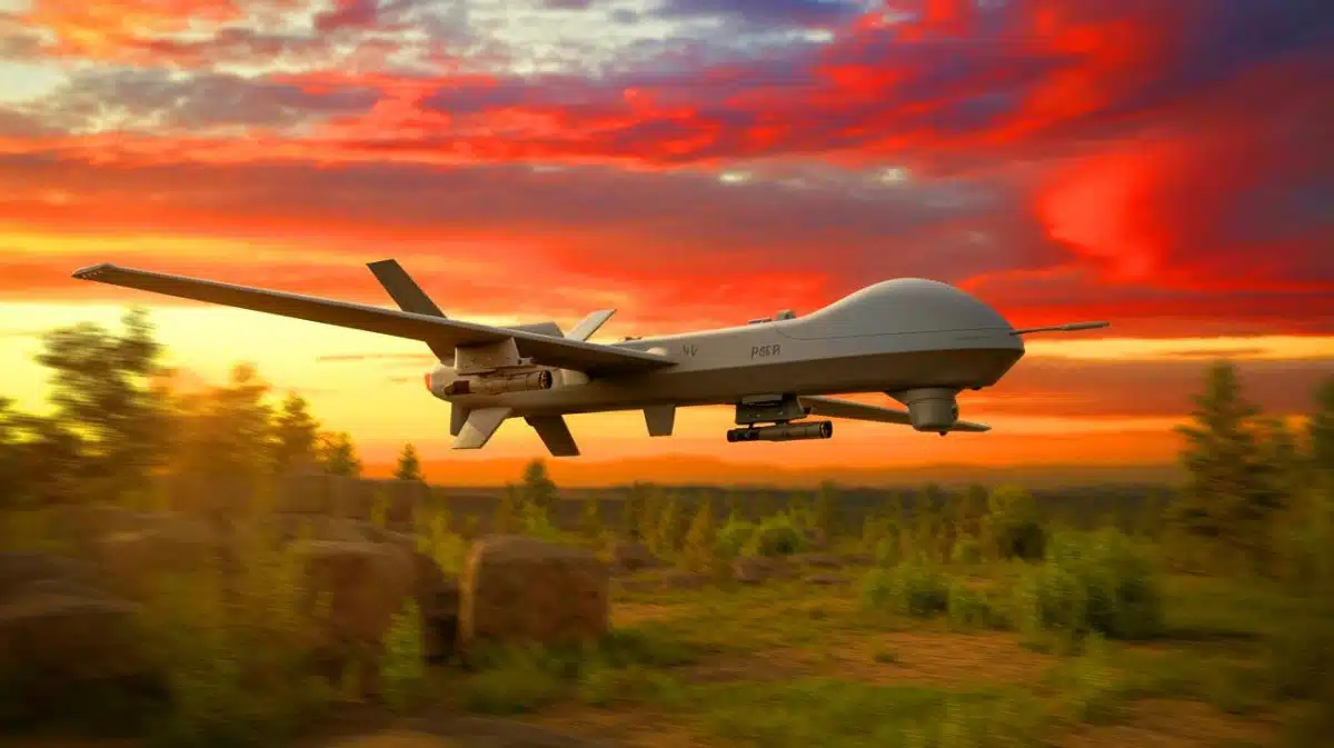 Illustration of a Ukrainian strike drone developed to counter Russian electronic warfare tactics.