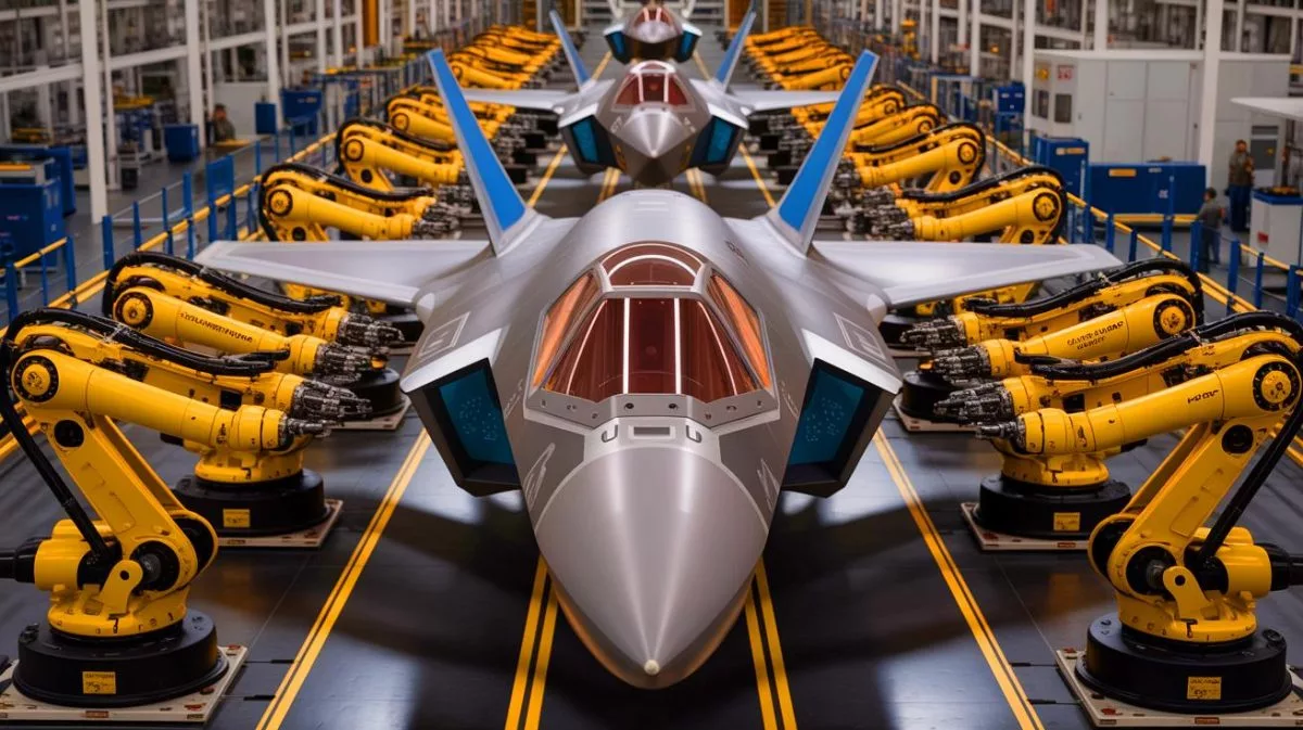 Illustration of the F-35 Lightning II center fuselage production at Northrop Grumman's Integrated Assembly Line.