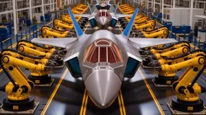 Illustration of the F-35 Lightning II center fuselage production at Northrop Grumman's Integrated Assembly Line.