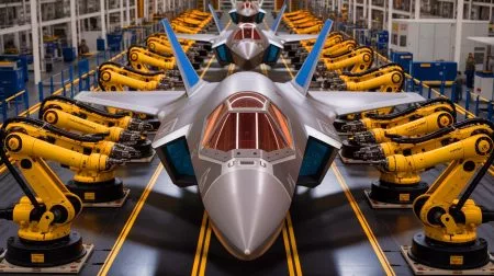 Illustration of the F-35 Lightning II center fuselage production at Northrop Grumman's Integrated Assembly Line.
