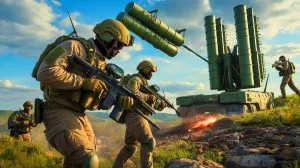 Illustration of Ukrainian forces dismantling a Russian missile defense radar in Crimea.