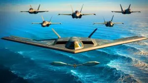 Illustration de la démonstration de la bombe Quicksink par un B-2 Spirit en collaboration avec la Norvège.