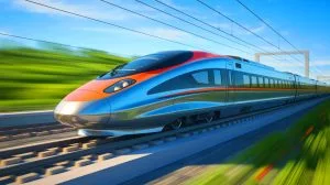 Illustration of the CR450 high-speed train prototype on a test track in China.