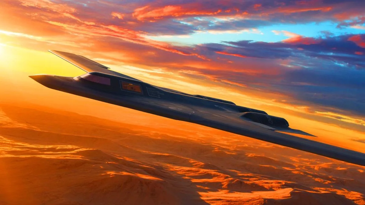 Illustration of the B-21 Raider stealth bomber undergoing flight tests at Edwards Air Force Base.