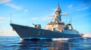 Illustration of the Type 31 frigate equipped with Thales' TACTICOS Combat Management System in development for the Royal Navy.