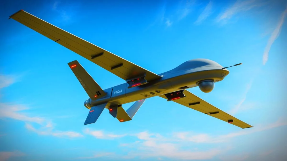Illustration of the YFQ-42A autonomous combat drone in flight during a test mission.
