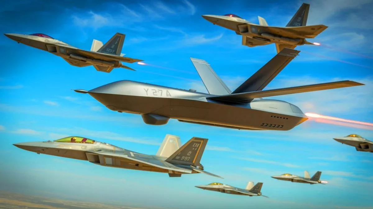 Illustration of the YFQ-42A combat drone undergoing flight testing by the U.S. Air Force.