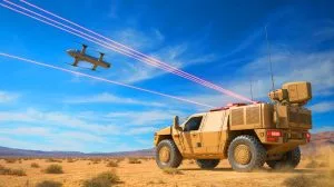 Illustration of high-energy laser systems integrated on a military vehicle platform.