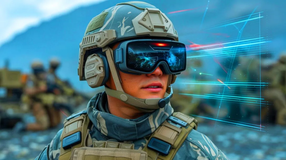 Illustration von einem Soldaten, der ein modernes Mixed-Reality-Headset zur Verbesserung der Wahrnehmung und Entscheidungsfindung trägt.