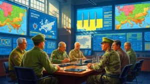 Illustration von der geopolitischen und militärischen Dynamik zwischen den USA und der Ukraine im Kontext des Ukraine-Konflikts.