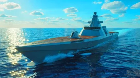 Illustration von einem hochmodernen, KI-gestützten Kriegsschiff mit autonomen Navigationsfähigkeiten.
