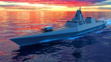 Illustration von einem fortschrittlichen autonomen Kriegsschiff, das die maritime Kriegsführung revolutioniert.