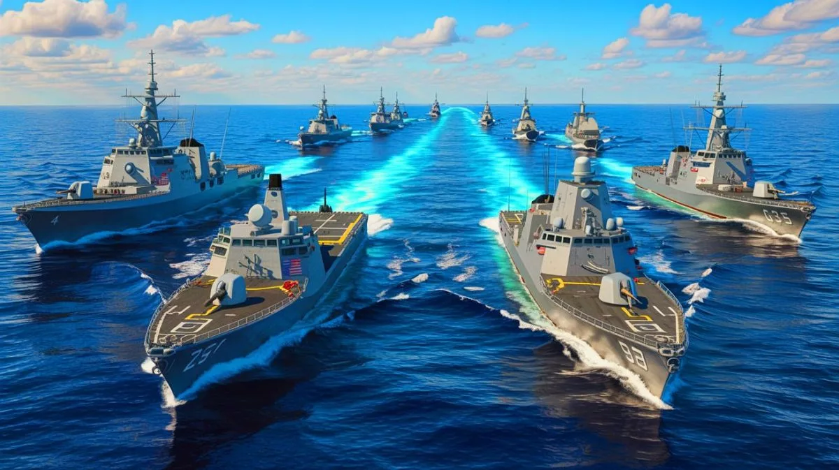 Illustration von der strategischen Herausforderung der USA, ihre maritime Vorherrschaft angesichts der wachsenden Stärke der chinesischen Marine zu sichern.