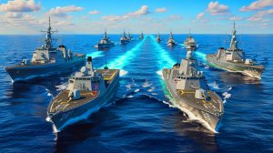Illustration von der strategischen Herausforderung der USA, ihre maritime Vorherrschaft angesichts der wachsenden Stärke der chinesischen Marine zu sichern.