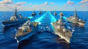 Illustration von der strategischen Herausforderung der USA, ihre maritime Vorherrschaft angesichts der wachsenden Stärke der chinesischen Marine zu sichern.
