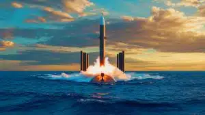 Illustration of a UGM-133 Trident II D5 missile being launched from a nuclear-powered submarine in the North Atlantic.