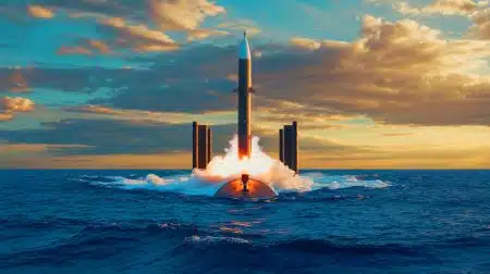 Illustration of a UGM-133 Trident II D5 missile being launched from a nuclear-powered submarine in the North Atlantic.
