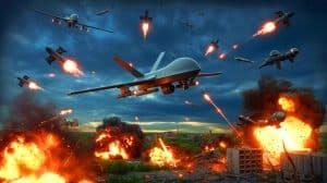 Illustration of a massive aerial assault with drones and missiles targeting Ukraine.