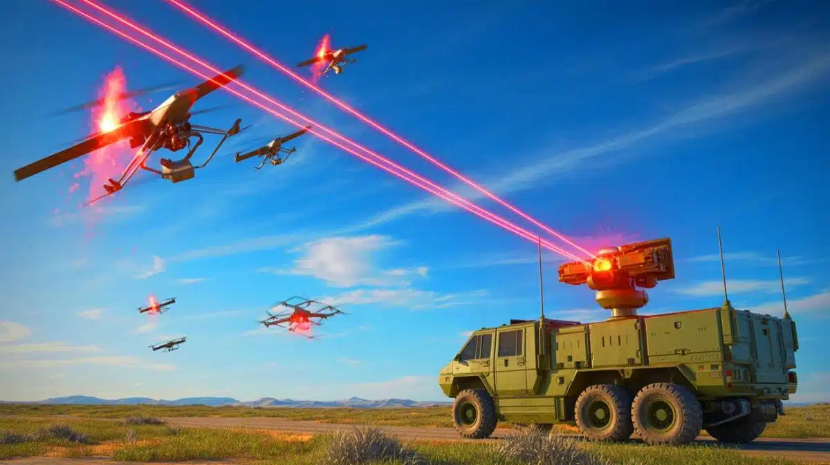 Illustration of the Apollo laser weapon system targeting drone swarms in military defense operations.