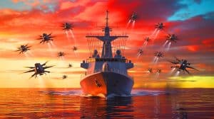 “China Builds Digital Great Wall”: This AI-Powered Defense System That Shoots Thousands Of Drones While Protecting Naval Ships From Swarm Attacks Illustration of China's advanced defense system against drone swarms.