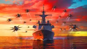 “China Builds Digital Great Wall”: This AI-Powered Defense System That Shoots Thousands Of Drones While Protecting Naval Ships From Swarm Attacks Illustration of China's advanced defense system against drone swarms.