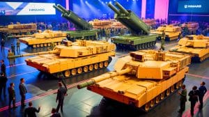 Illustration of advanced U.S.-made military systems including Abrams tanks and HIMARS launchers showcased in Taiwan.