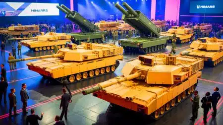 Illustration of advanced U.S.-made military systems including Abrams tanks and HIMARS launchers showcased in Taiwan.