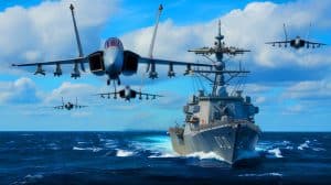 Illustration of Venezuelan Military Jets Flying Near a U.S. Navy Destroyer in International Waters.