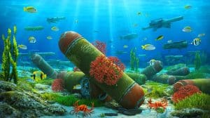 Illustration of marine life thriving on World War II munitions in the Baltic Sea.