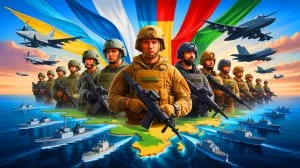 Illustration of 26 European countries pledging military support to Ukraine amid Russia-Ukraine conflict.