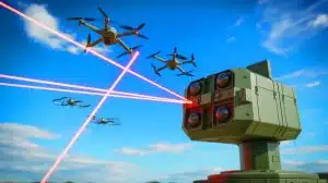 Illustration von einem Laserwaffensystem zur Abwehr von Drohnenschwärmen.