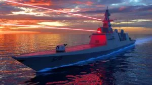 Illustration von der HELIOS-Laserwaffe der U.S. Navy in Aktion.