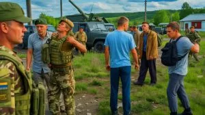 Illustration von der Erschöpfung und dem Vertrauensverlust zwischen Zivilbevölkerung und Militär im russisch-ukrainischen Grenzgebiet.