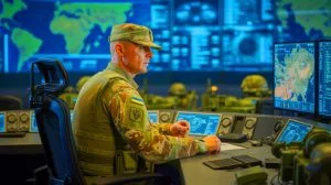 Illustration von der militärischen Entwicklung und Unabhängigkeit der Ukraine im geopolitischen Kontext.