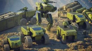 Illustration von modernen Militärrobotern im Einsatz.
