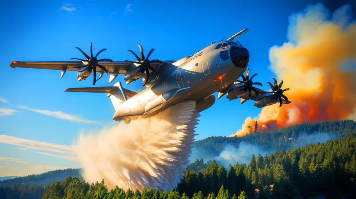 Illustration von der Umrüstung eines Airbus A400M in ein Löschflugzeug zur Brandbekämpfung.