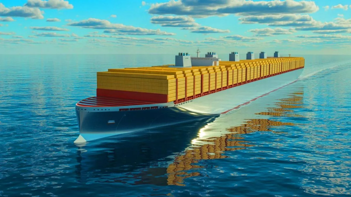 Illustration von einem nuklear angetriebenen Containerschiff im maritimen Transportsektor.