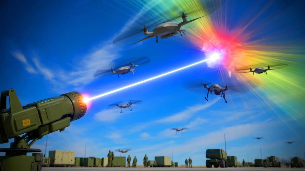 Illustration von einem Hochenergie-Laserwaffensystem zur Drohnenabwehr.
