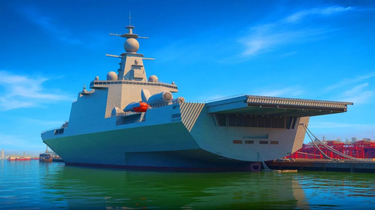 Illustration von einem geheimnisvollen Schiff mit potenziellen militärischen Fähigkeiten im Hafen von Guangzhou.
