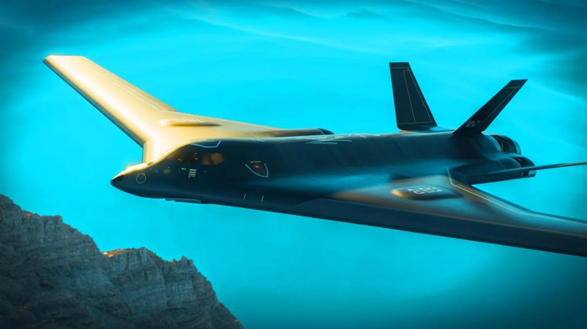 Illustration von einem B-21 Raider, dem neuesten strategischen Bomber der US-Luftwaffe, während eines Testflugs.