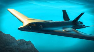Illustration von einem B-21 Raider, dem neuesten strategischen Bomber der US-Luftwaffe, während eines Testflugs.