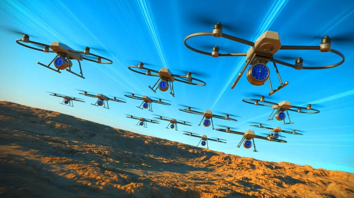 Illustration von Drohnenschwärmen, die mithilfe von Atomuhren ohne GPS koordiniert werden.