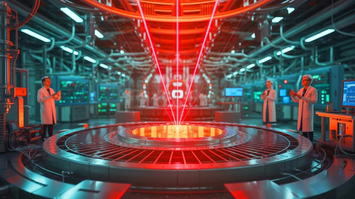 Illustration von einem Fusionsreaktor, der auf laserbasierter Trägheitsfusionstechnologie basiert.
