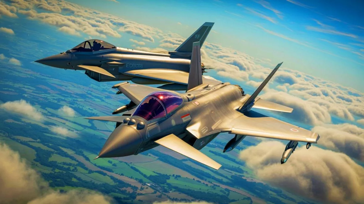 Illustration von der Entscheidung zwischen Eurofighter Typhoon und F-35 in der britischen Verteidigungsstrategie.
