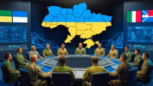 Illustration von der internationalen militärischen Unterstützung der Ukraine im geopolitischen Kontext.