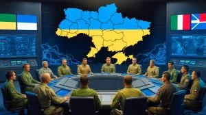 Illustration von der internationalen militärischen Unterstützung der Ukraine im geopolitischen Kontext.